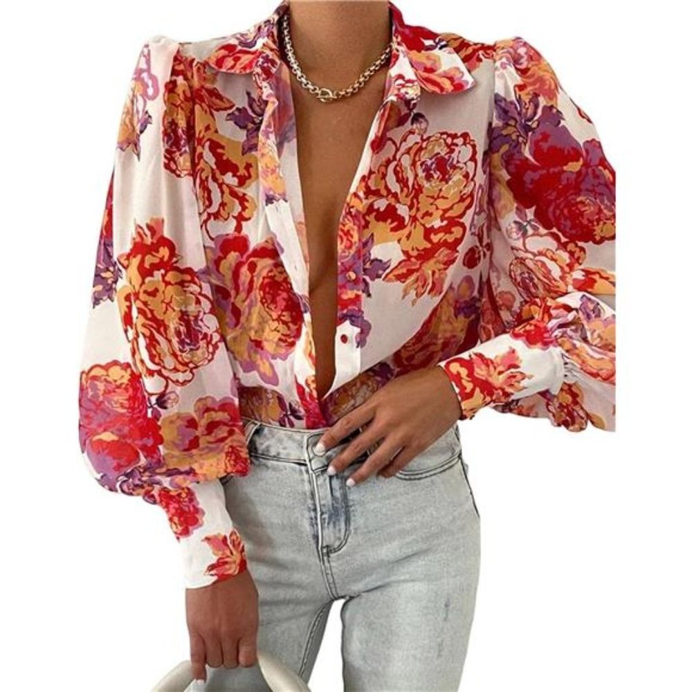 Floral Rose Print Button Up Shirt Casual Long Puff Sleeve Blouse Boho Dressy Top - Picture 4 of 5